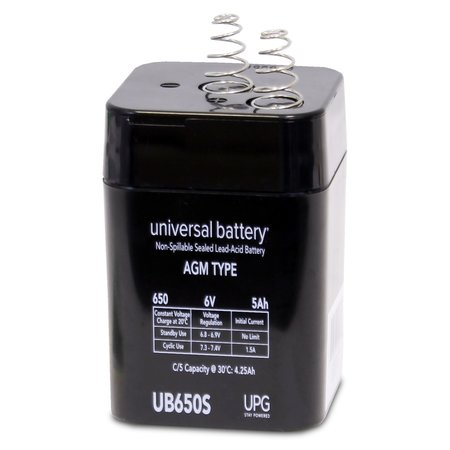 UPG Sealed Lead Acid Battery, 6 V, 5Ah, UB650S Lantern, S2 Spring Terminal, AGM Type D5697